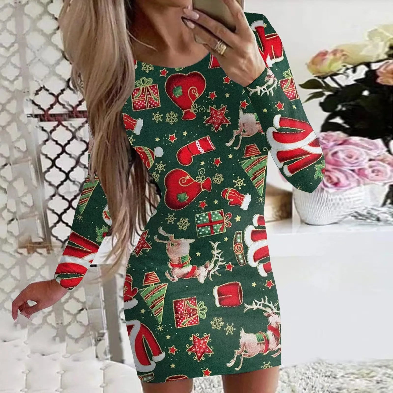 Christmas printed narrow dress with animal pattern design and round neckline