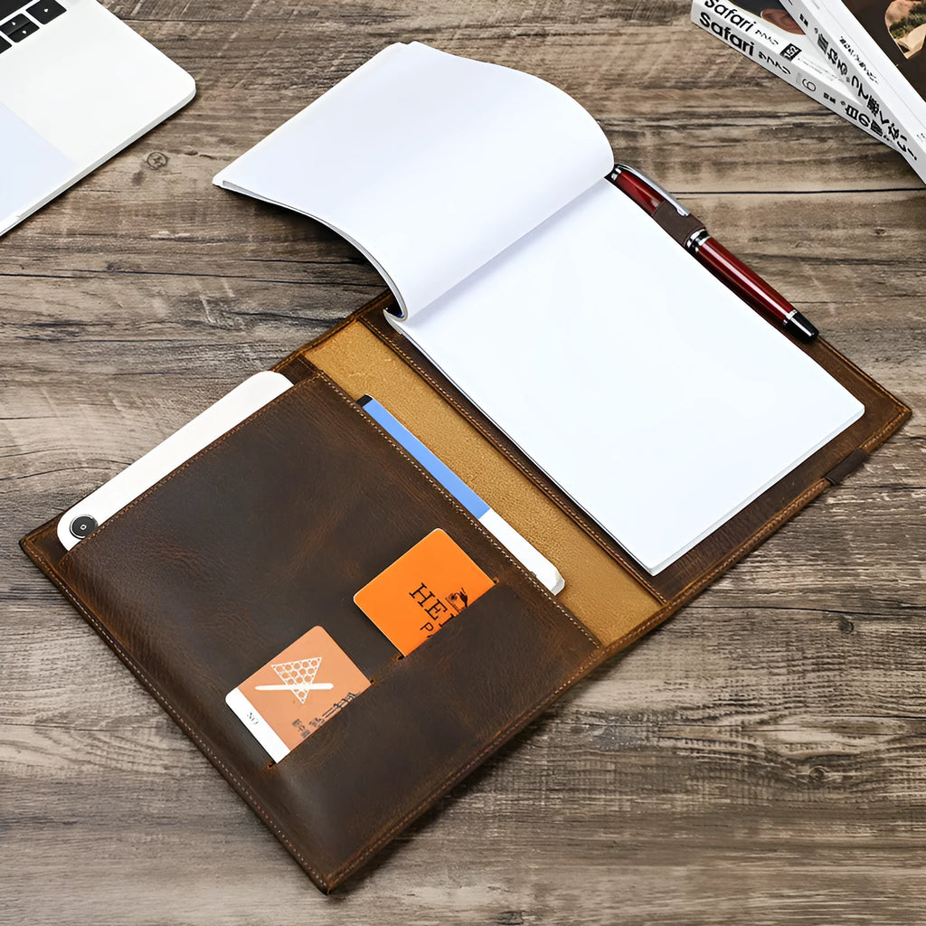Brown Crazy Horse leather A5 notebook protective sleeve with square socket-type design