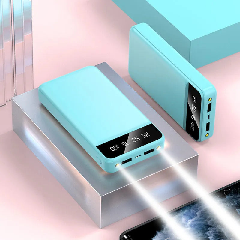 20000 mAh polymer power bank with multiple USB ports in black white pink blue colours
