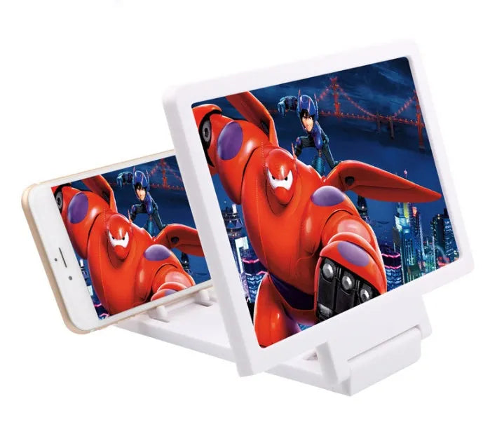 Black and white mobile phone stand with radiation-proof 3D screen amplifier for hands-free viewing