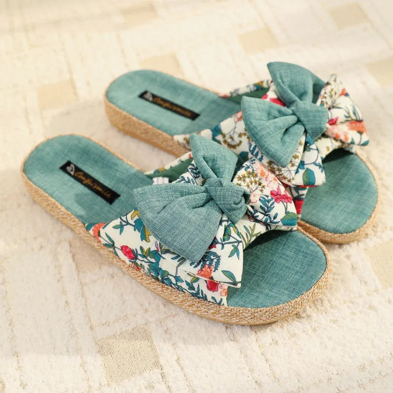 Women's linen non-slip open toe slippers with bow detail in Sea Blue on a light background