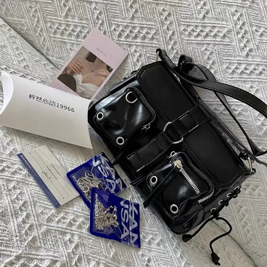 Black PU leather women's underarm baguette messenger bag with adjustable shoulder strap