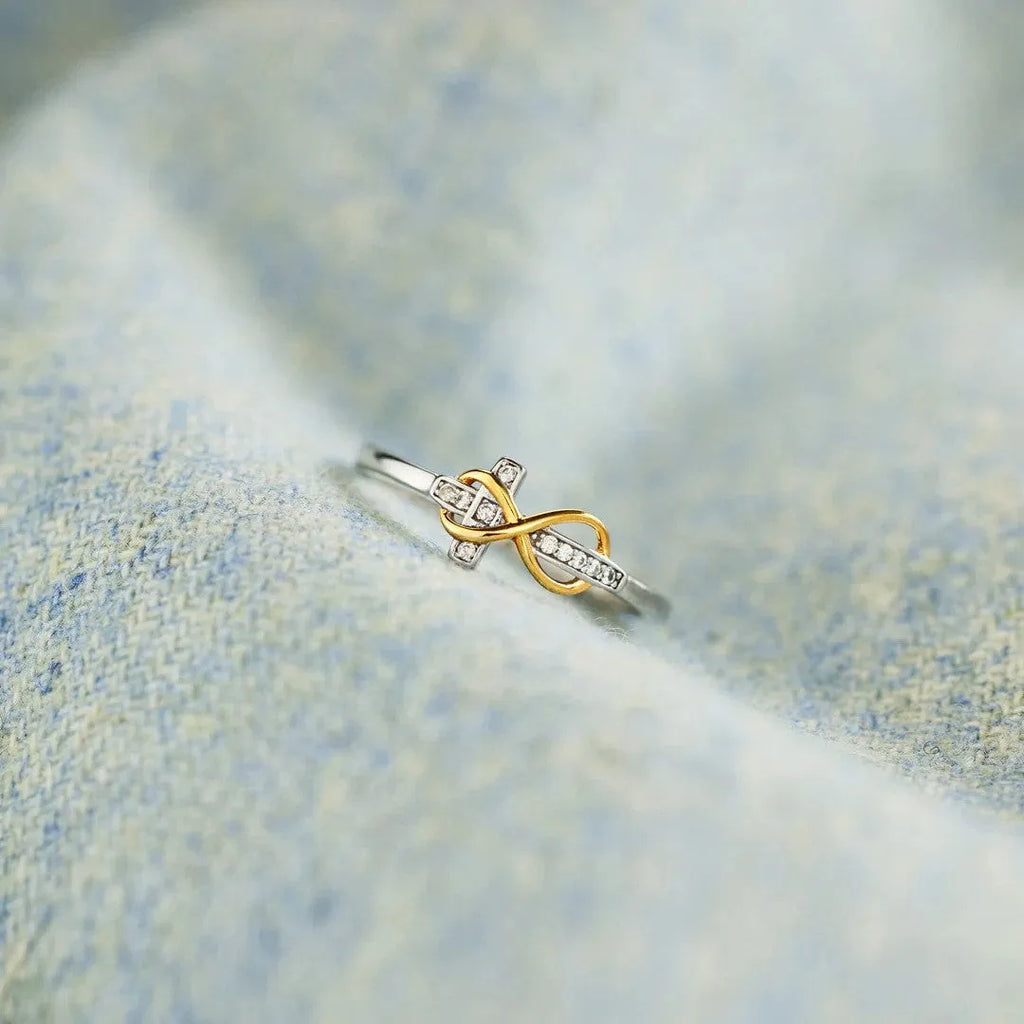 S925 sterling silver infinite cross ring with two-tone electroplated finish and geometric line design