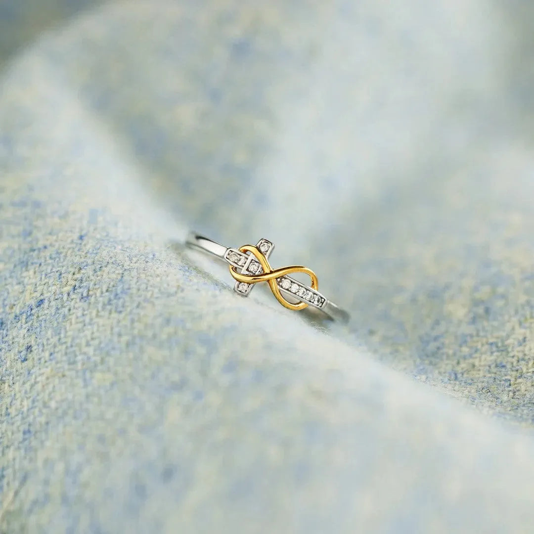 S925 sterling silver infinite cross ring with two-tone electroplated finish and geometric line design