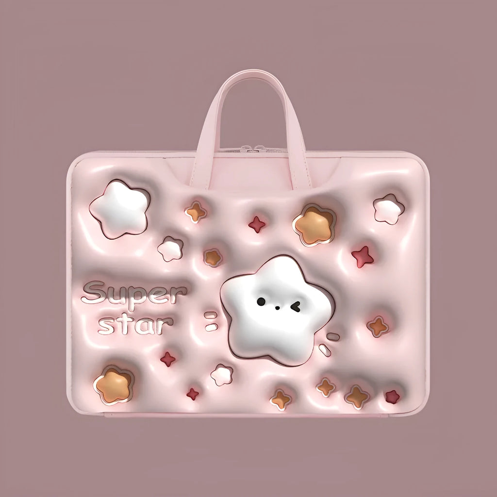 Inflatable PU leather laptop bag with cartoon design hanging from suitcase handle