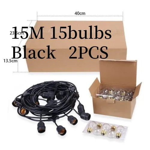 Black 15-metre light string with 15 bulbs for indoor and outdoor decorative lighting
