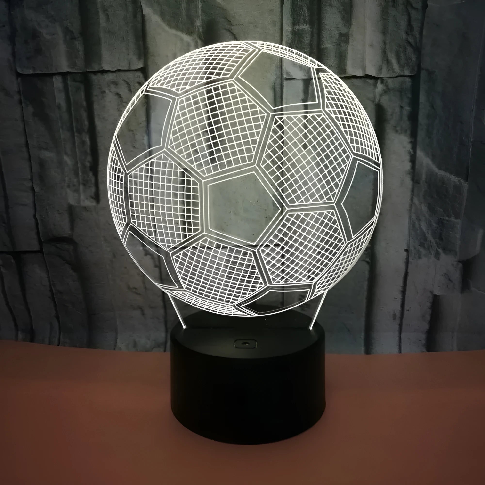 3D football night light showing colour change on acrylic sheet with black ABS base.
