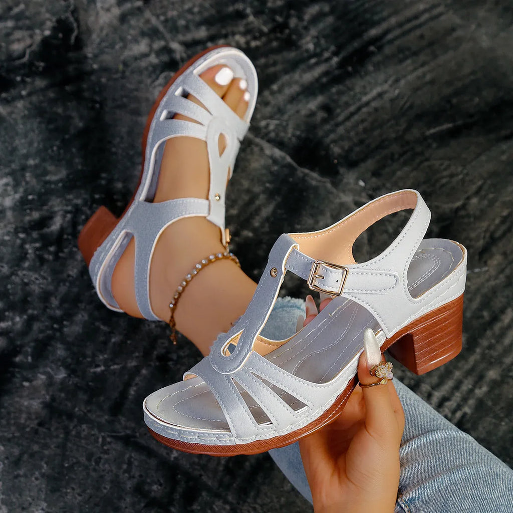 Women's peep toe wedge platform sandals with buckle closure in PU leather