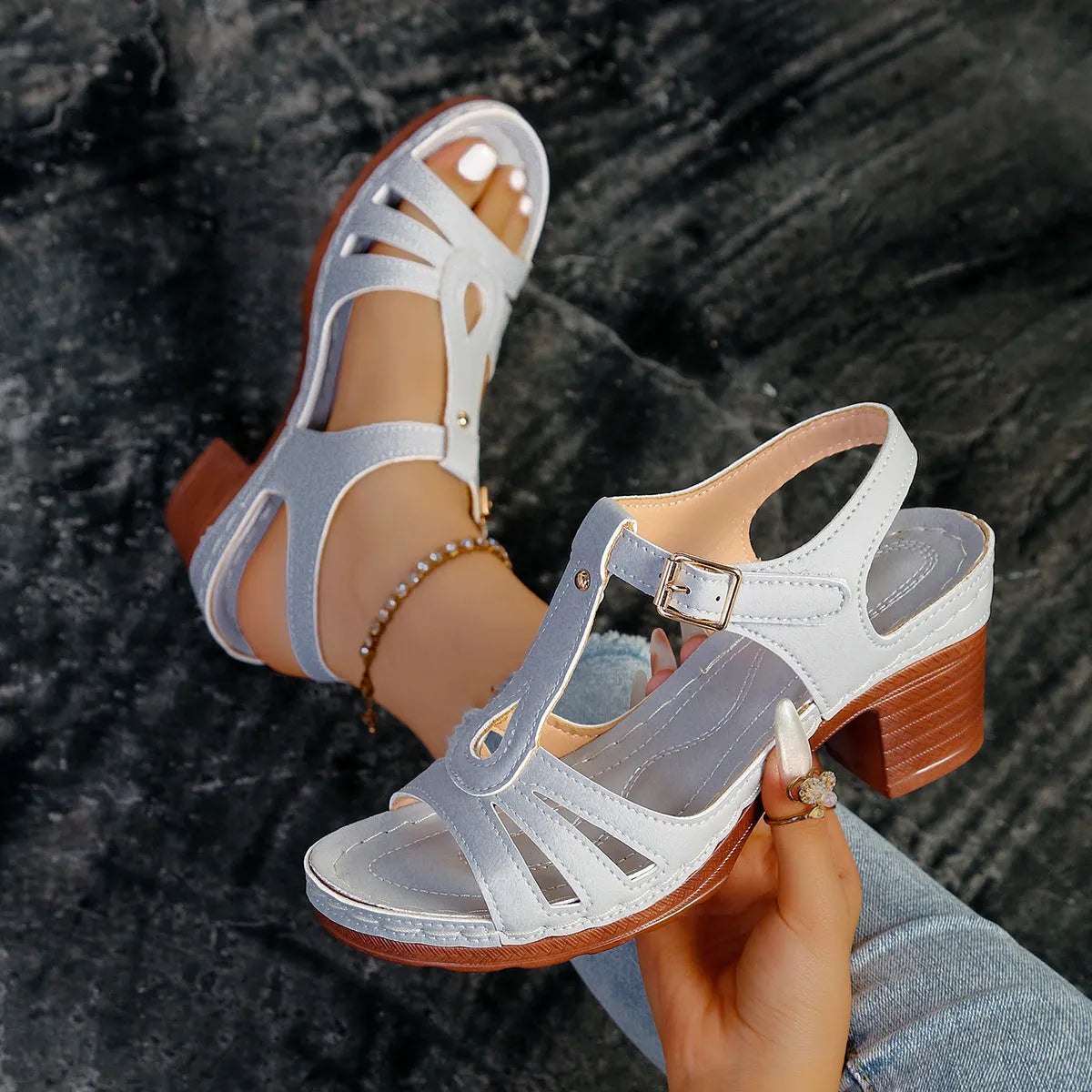 Women's peep toe wedge platform sandals with buckle closure in PU leather
