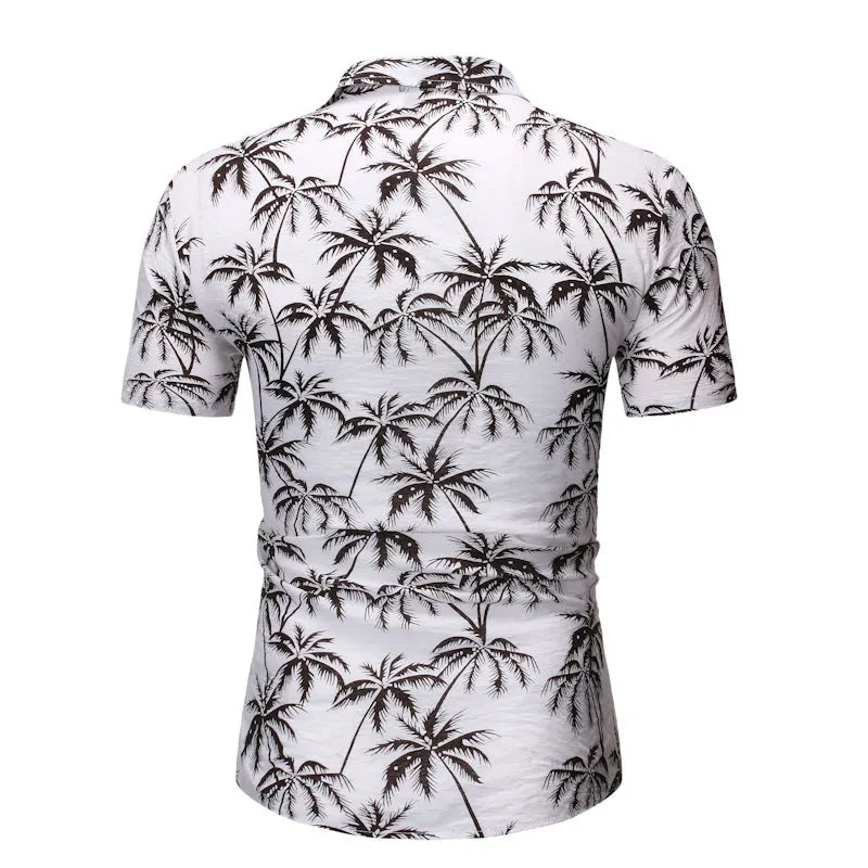 Men's loose lapel print top in light blue, long sleeve polyester casual shirt