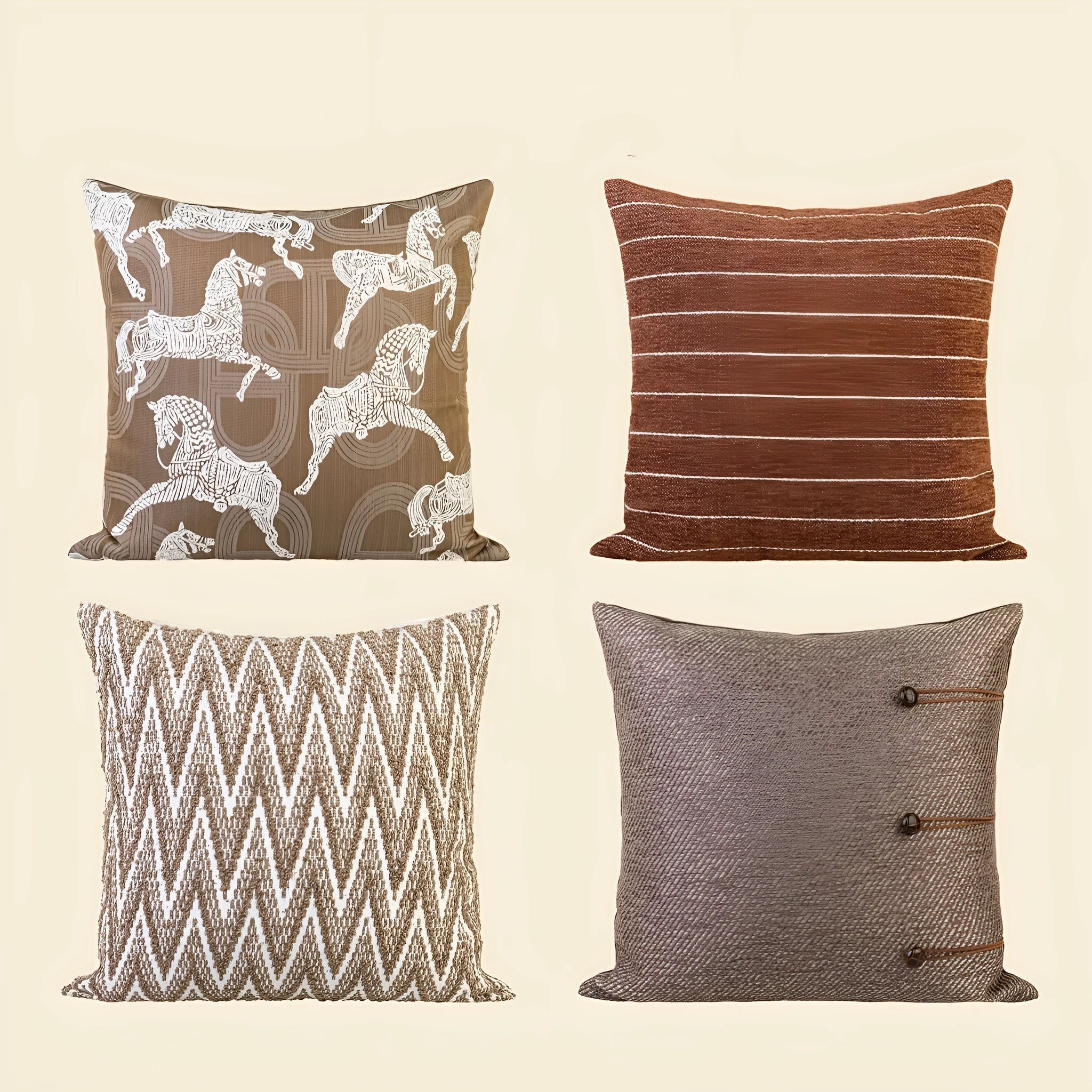 Chinese style square cushion pillow with geometric pattern in brown, red-brown, tea brown, or yellow-brown.