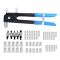 Alloy steel manual riveter tool with assortment of rivet nuts and mandrels from the nut gun set.