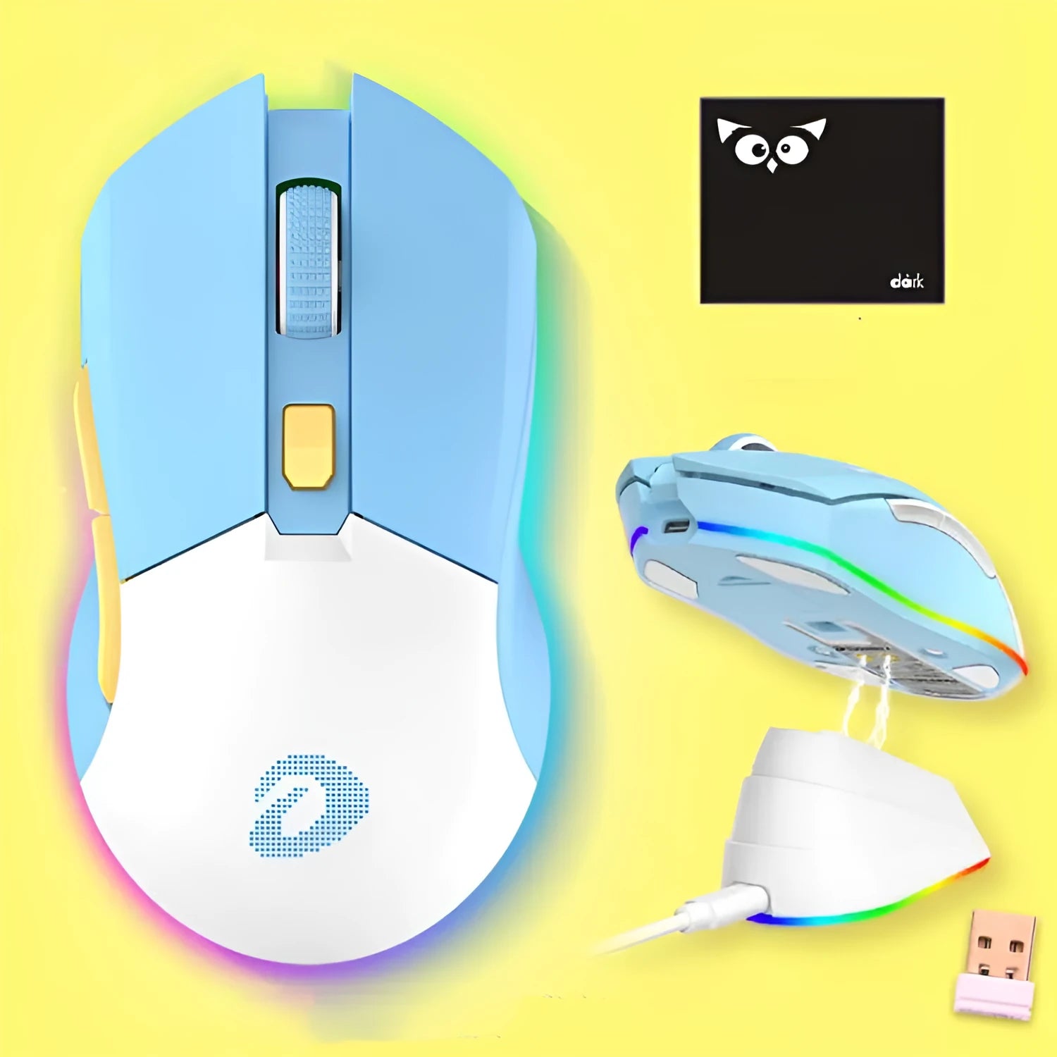 Lightweight wireless and wired game mouse with 7 keys and USB connector, available in multiple colours