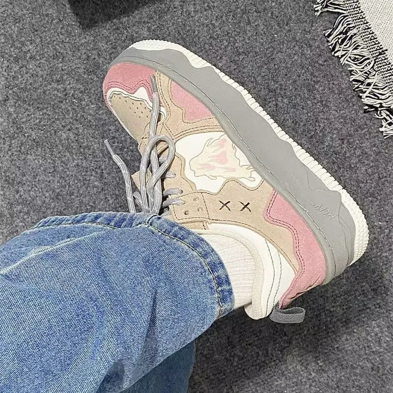 Pink retro student sneakers for women with rubber sole and artificial PU upper, sizes 35 to 40