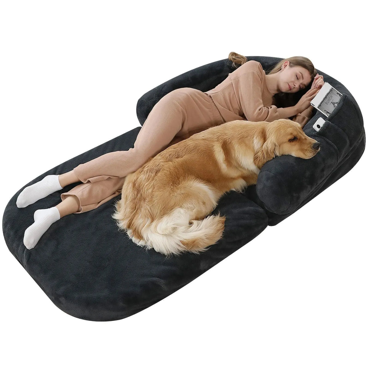 Foldable dog kennel sofa bed in long hair light grey, 180x115x25cm, with removable washable cloth cover
