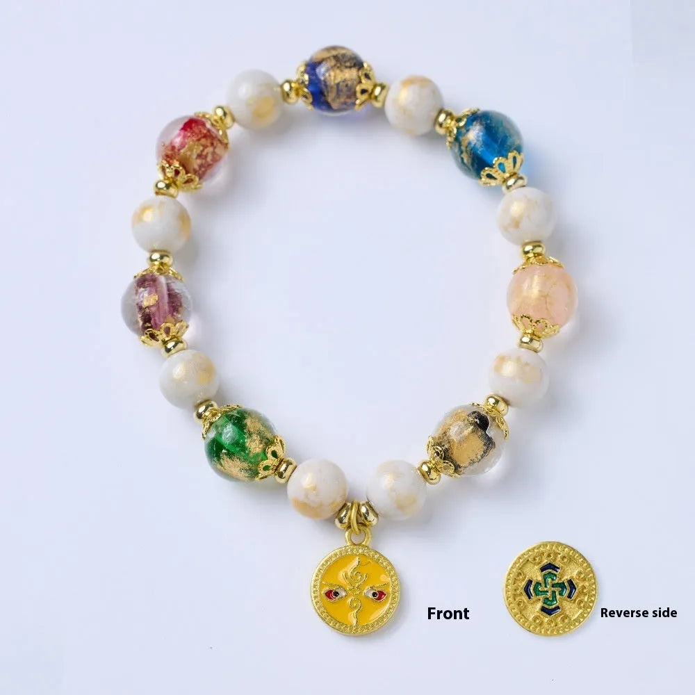 Fragrant Gray handmade glass bracelet with five Gods of Wealth design in coloured glaze.