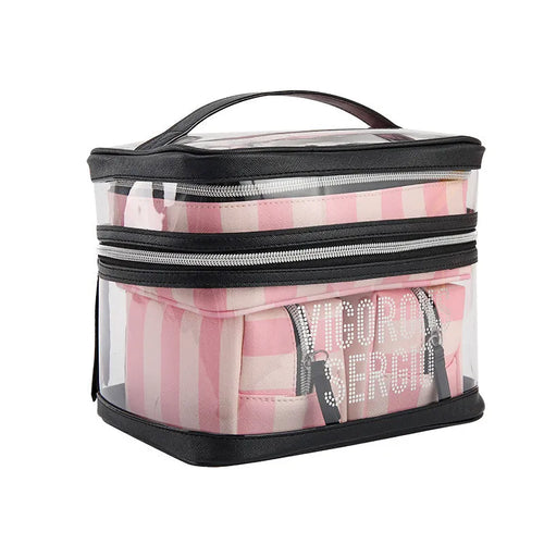 Pink bold stripes floral pattern folding makeup bag with synthetic leather waterproof construction