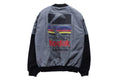 Hip hop style printed baseball jacket in Grey with round neck and side slit pockets on a model