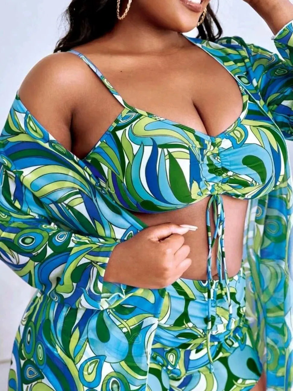 Women's floral bikini three-piece set with bra shorts and cardigan in picture colour