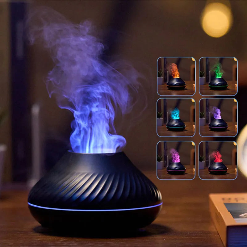 RGB flame aroma diffuser 130ml 3D colourful fire volcano effect night light black white, with Type-C cable