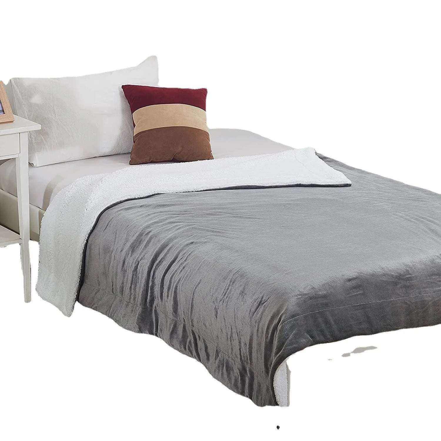 Grey USB electric heating blanket with intelligent temperature control, shown on a chair.