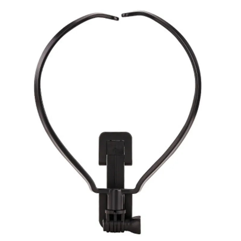 A black adjustable neck phone holder mounting a smartphone for hands-free filming.