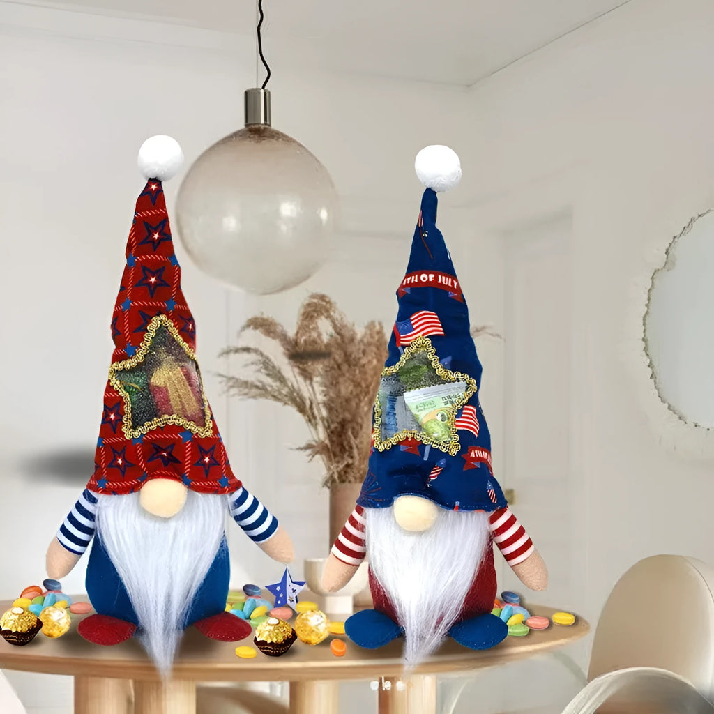 Set of two red and white Rudolf faceless baby doll ornaments made from cloth.
