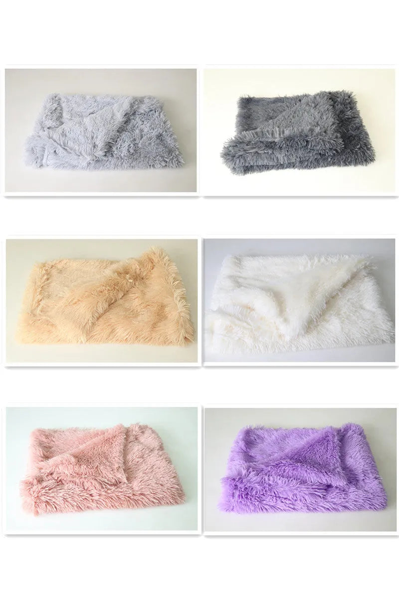 Long plush pet blanket for dogs and cats shown in light grey colour.