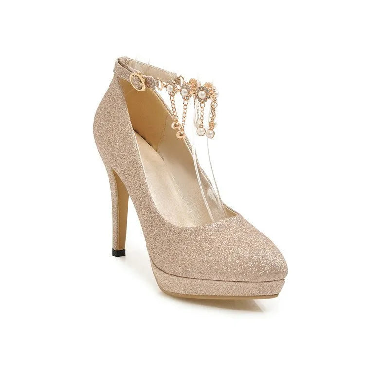 Women's solid colour platform high heels with stiletto heels in blue, pink, gold or silver options