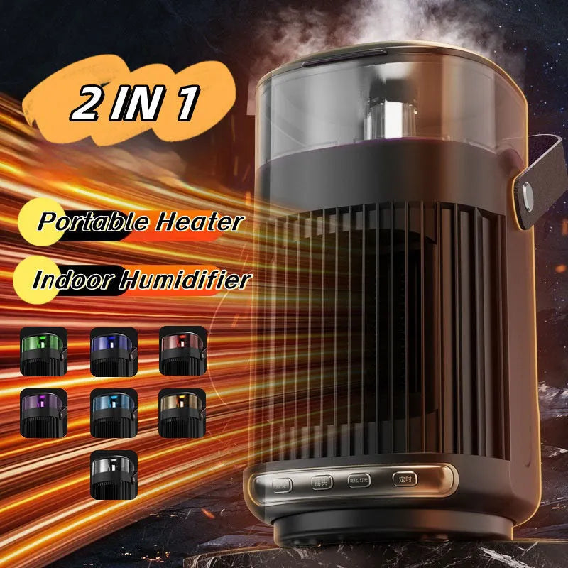 Black portable PTC ceramic heater and humidifier unit with front control panel.