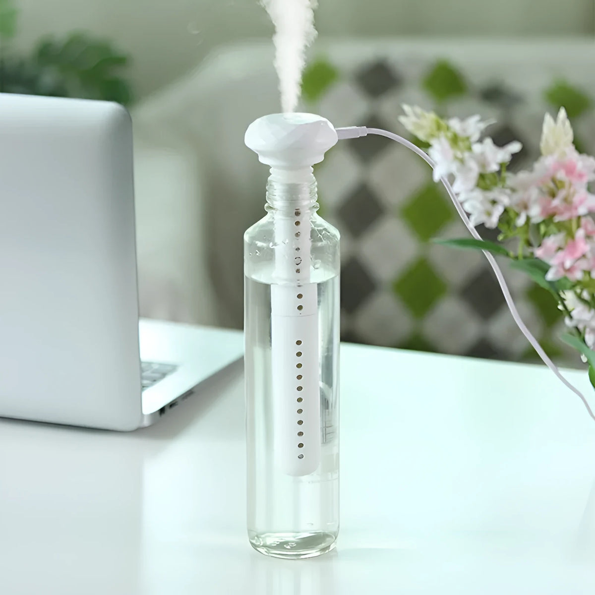 Donut mini humidifier USB car sprayer 54mm x 220mm in ABS and silicone, shown in Beige Elk, Pink Elk, or White