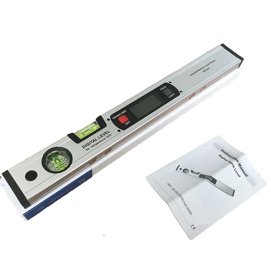 Digital magnetic angle meter with 400mm ruler, flip-up LCD screen, and 4 built-in magnets on black base