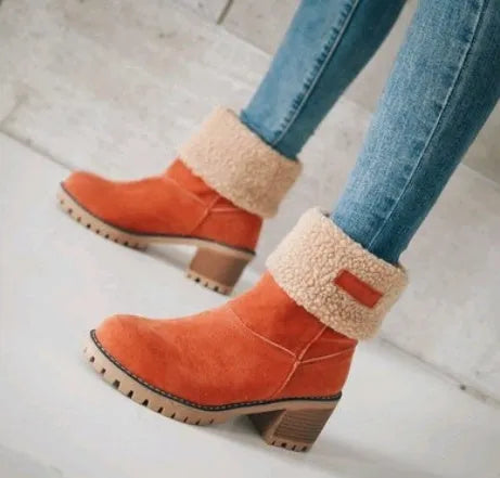 Women's suede mid-tube snow boots with a thick heel and round toe in multiple colours.