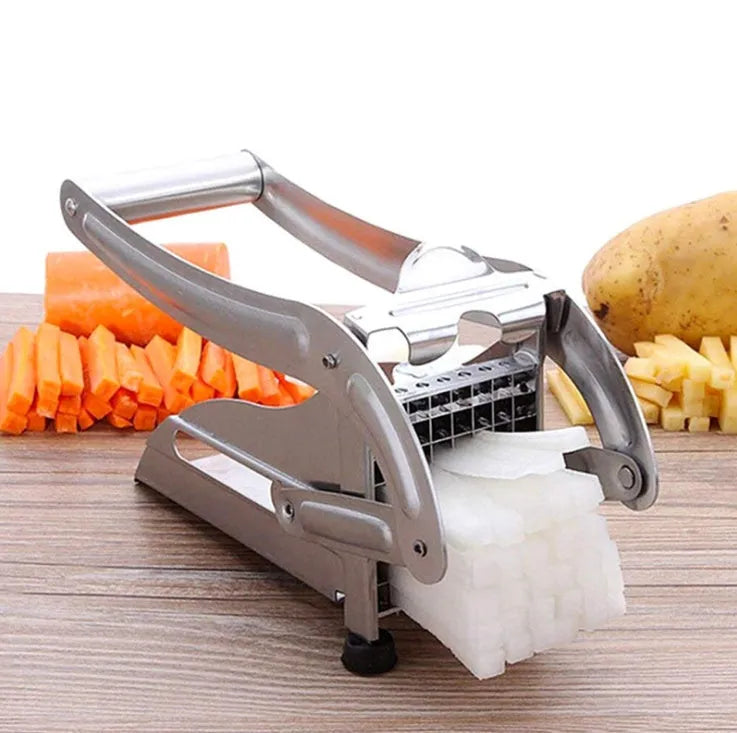 Potato chopper gadget with two stainless steel blades and a non-slip rubber foot on the base.