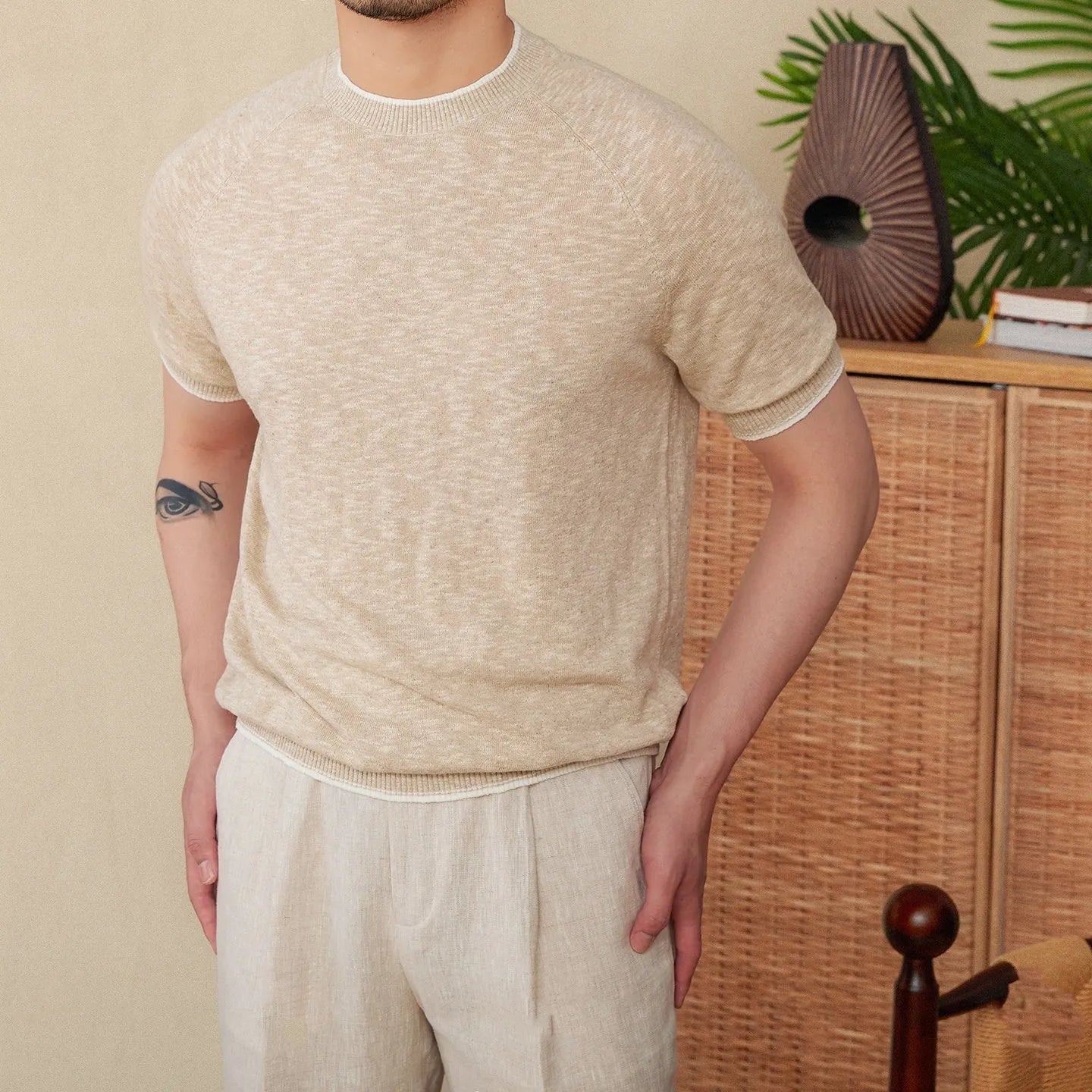 Brown linen cotton blend casual t-shirt with round neck and short sleeves on hanger