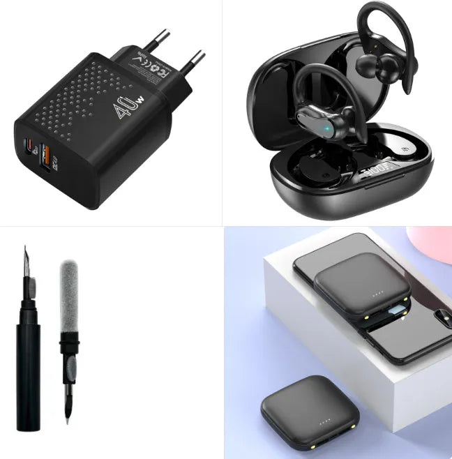 Square black mini power bank with 20000mAh capacity and a small LED flashlight on its side.