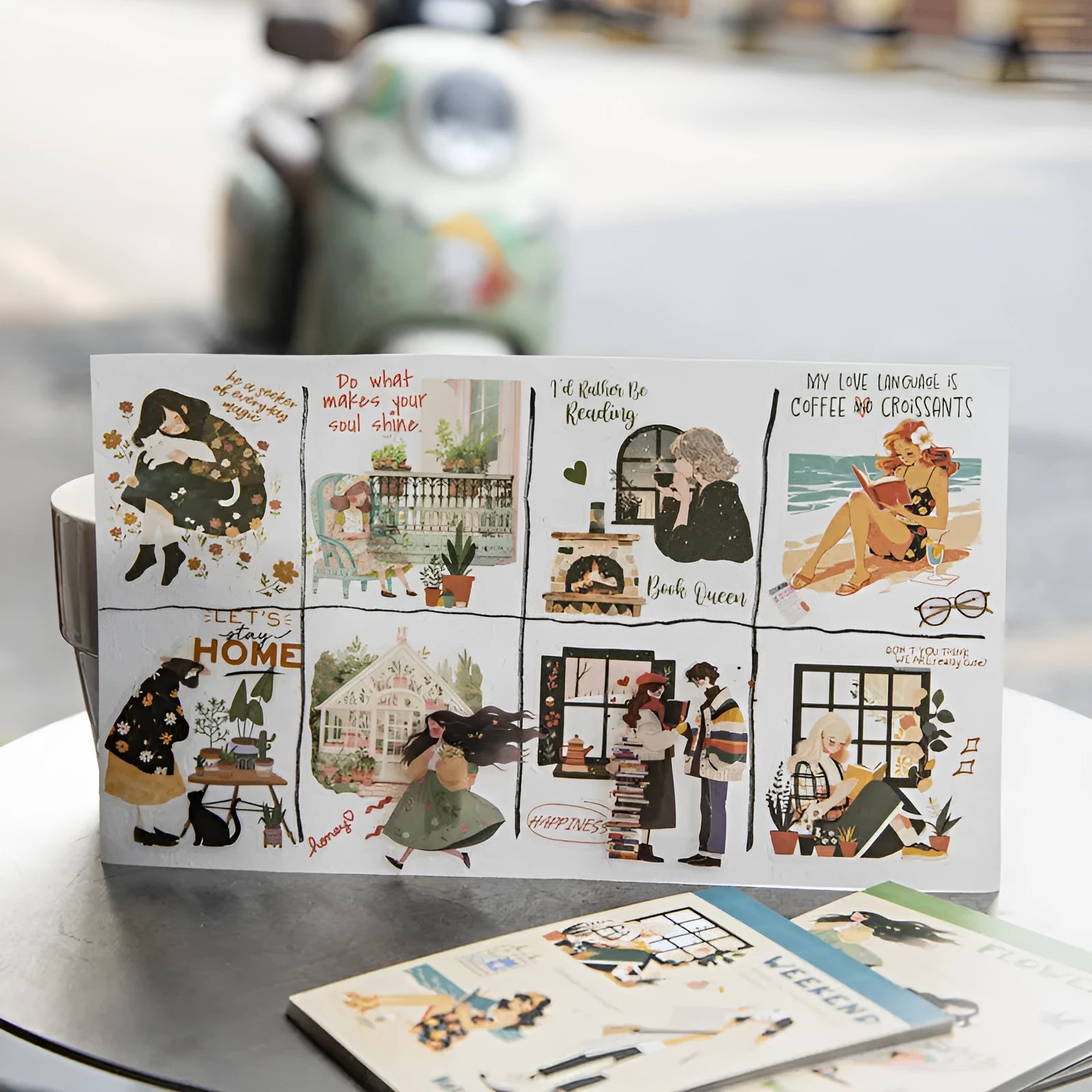 Beautiful Day double material sticker book featuring retro character and landscape printed designs on a flat surface