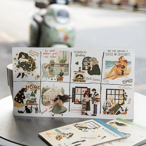 Beautiful Day double material sticker book featuring retro character and landscape printed designs on a flat surface