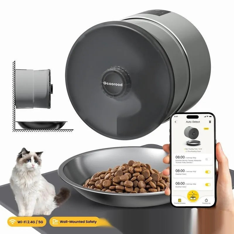 White plastic automatic pet feeder with button controls and UK plug for cats and dogs