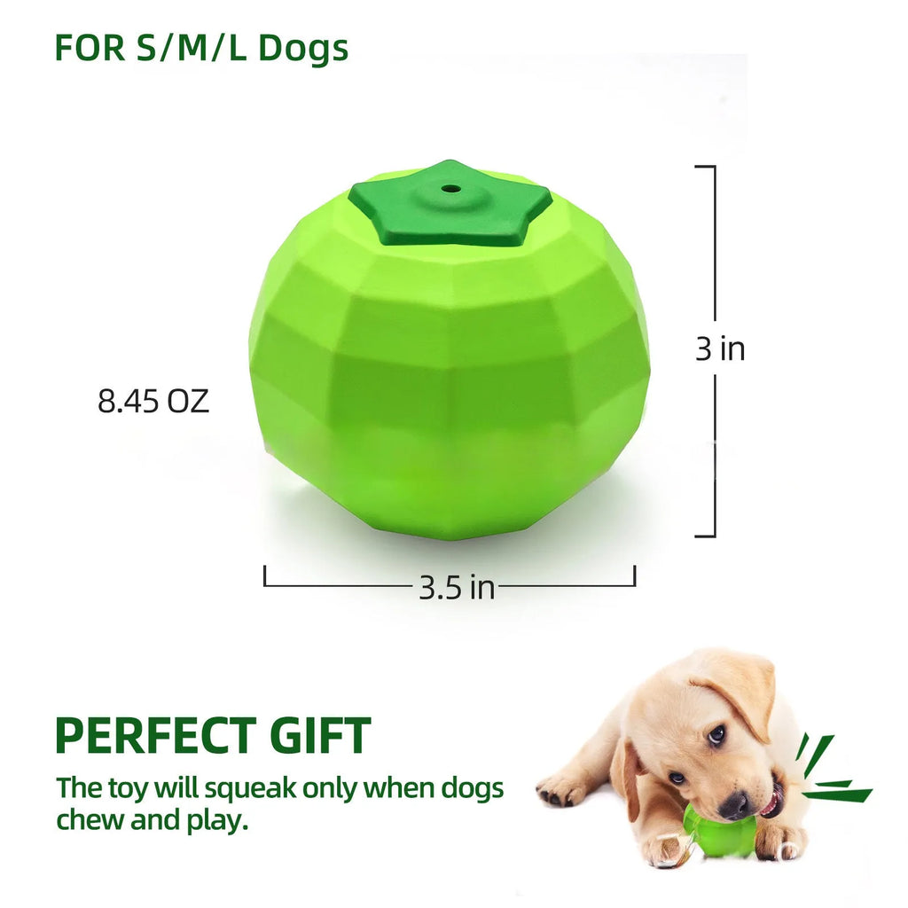 Green durable natural rubber dog squeaky ball chew toy for large aggressive chewers.