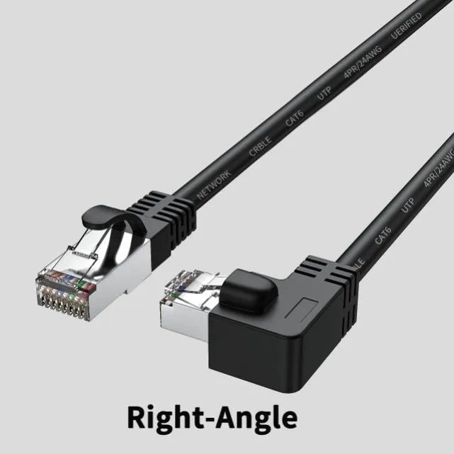 Cat6 Ethernet cable with right-angle metal RJ45 connector in black, available in multiple lengths