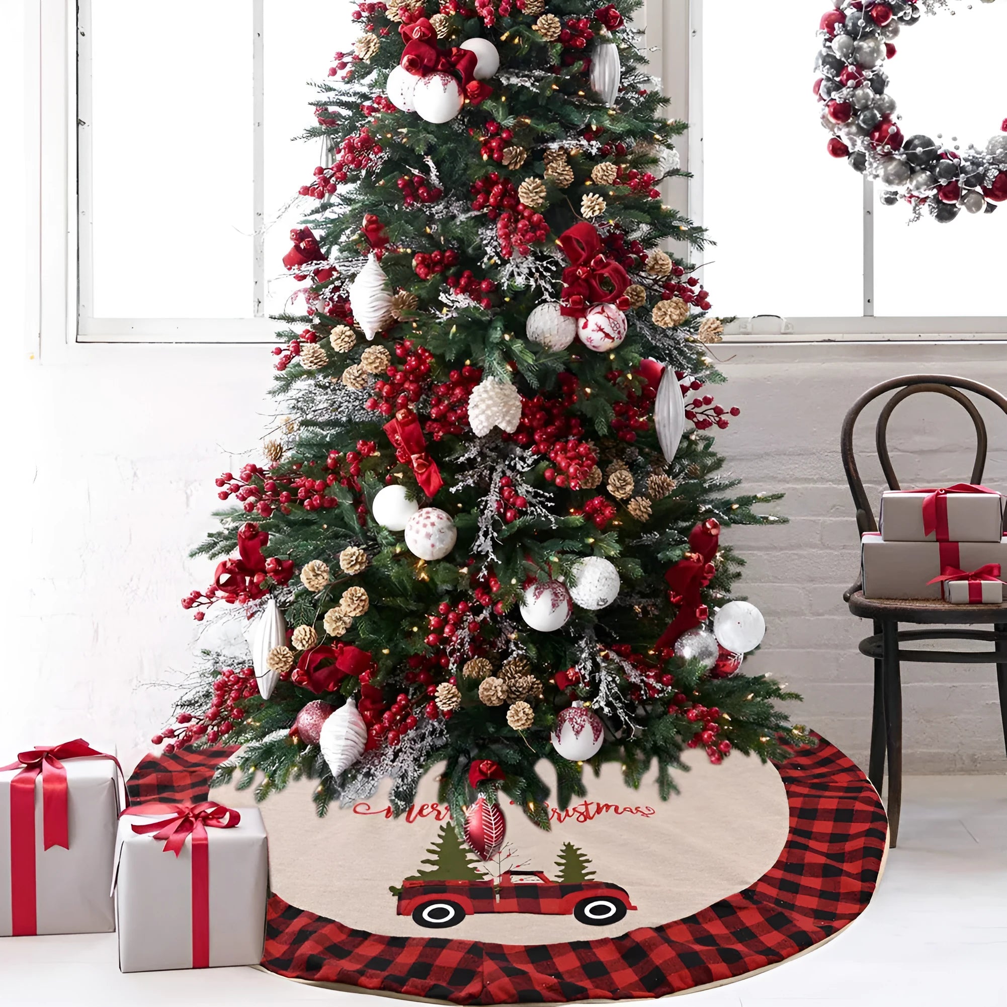 120cm diameter imitated linen Christmas tree skirt in colour as shown.