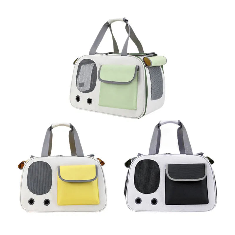 Foldable single shoulder pet carrier bag in canvas material, shown in yellow colour option