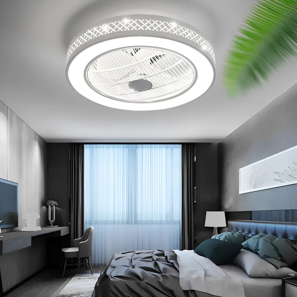 55cm pastoral style LED ceiling fan light with concealed metal blades in chandelier housing