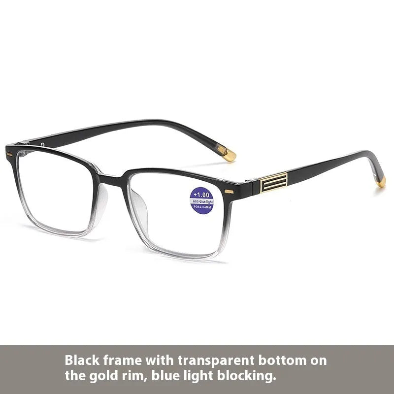 Multifocal anti-blue light reading glasses with colour-changing lenses in a black and silver frame style.