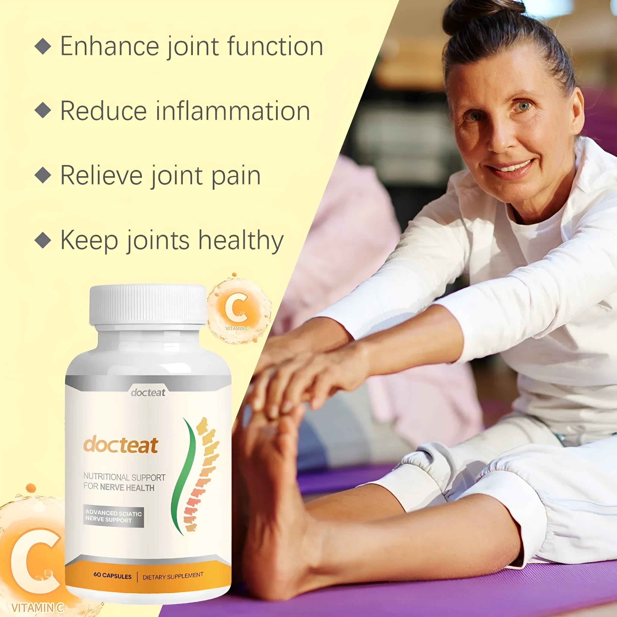 DOCTEAT Body Care Glue Wrap bottle containing 60 capsules of adhesive wrap for joint comfort massage treatment