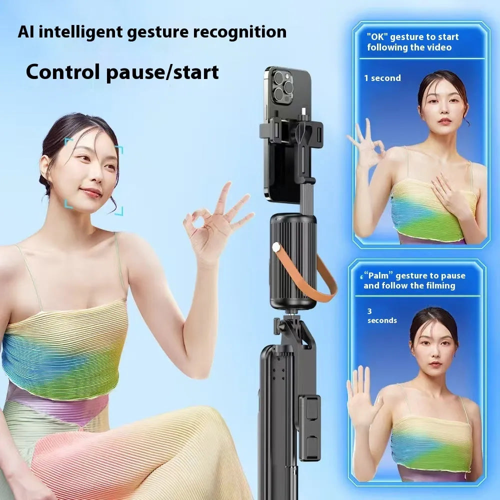 Smart AI face recognition selfie holder with 360 degree rotation and Bluetooth remote control for mobile live streaming