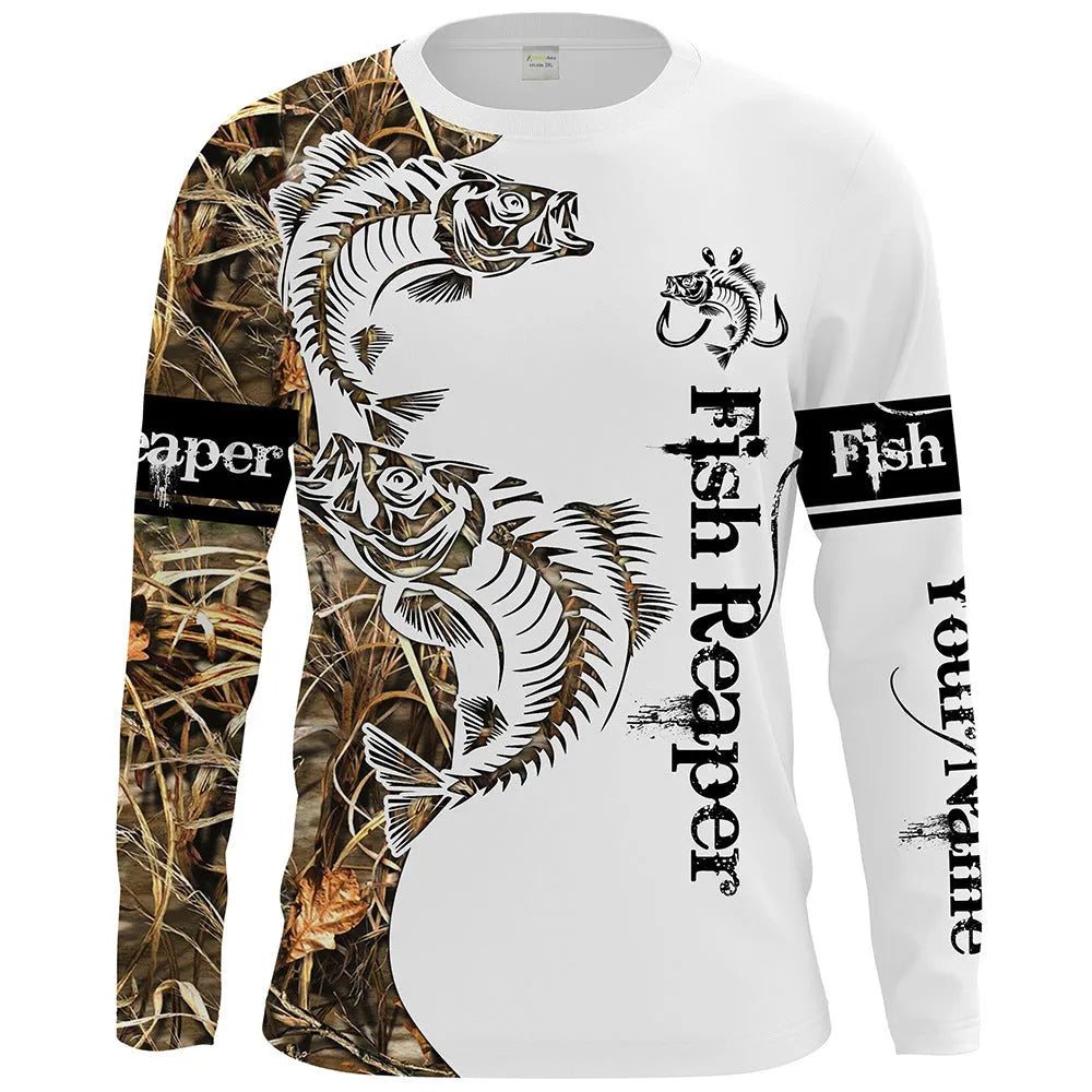 Men's fish printed long-sleeved pullover top in milk silk polyester fabric showing round neck design