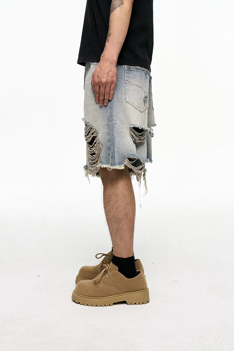 Light blue retro washed men's baggy denim shorts with wide leg design