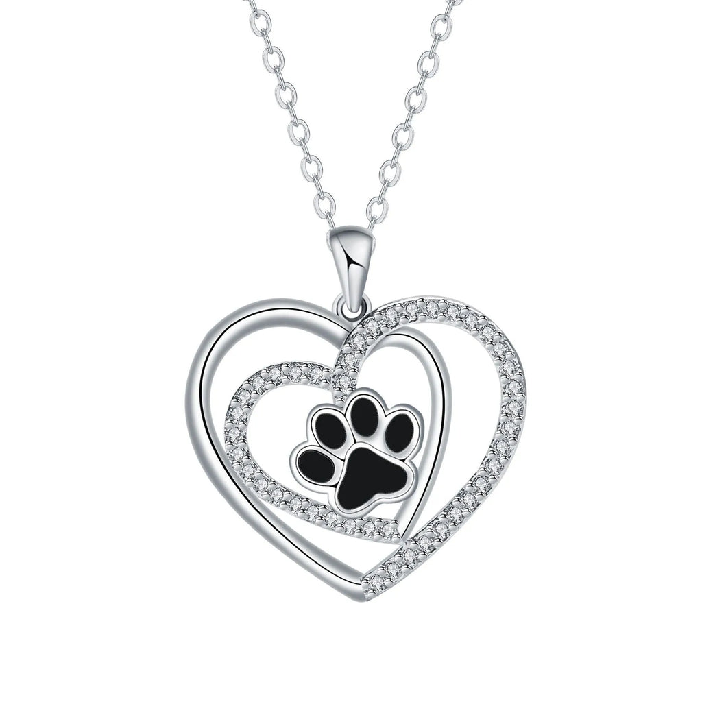 Women's dog paw prints heart necklace with copper pendant and cross chain in electroplated finish